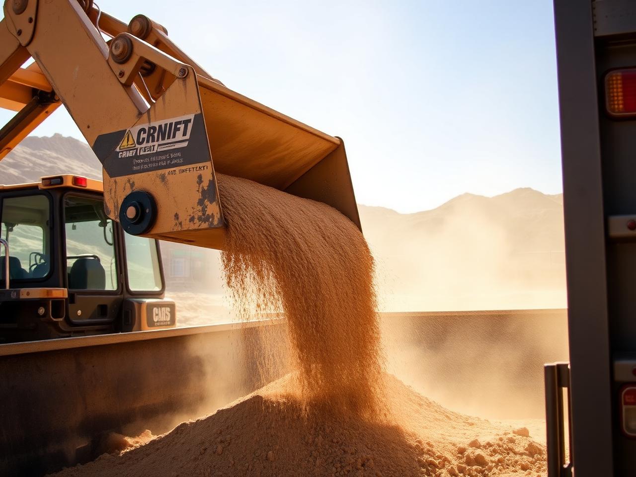 Front loader filling a dump truck with sandy fill at the material yard
