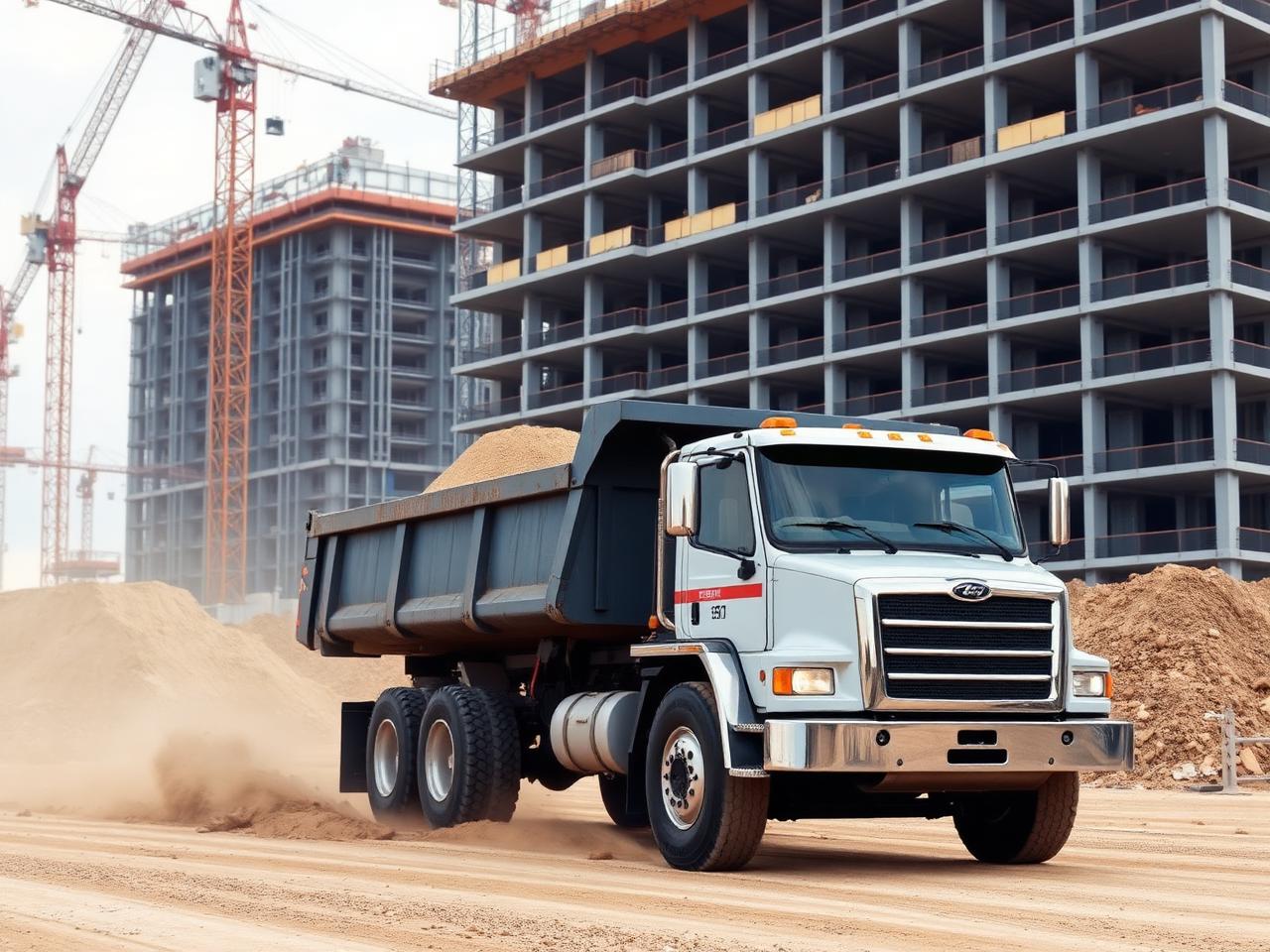 Loaded dump truck delivering fill to a commercial construction site